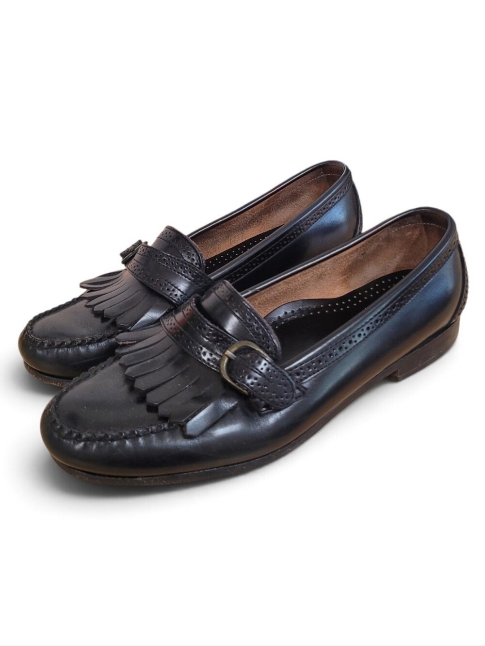 Vintage 90s Cole Haan Black Leather Kiltie Loafers Strap Buckle Men's 10D w/ Box